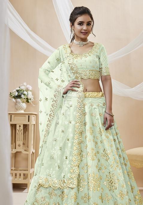 Pista Green Embroidered Art Silk Lehenga Set