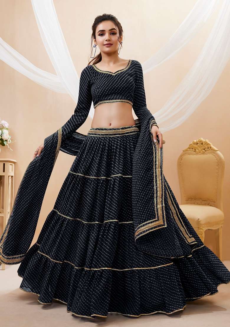 Black Embroidered Georgette Chaniya Choli Set For Navratri And Garba for Diwali | Wedding & Festive Wear - Indya