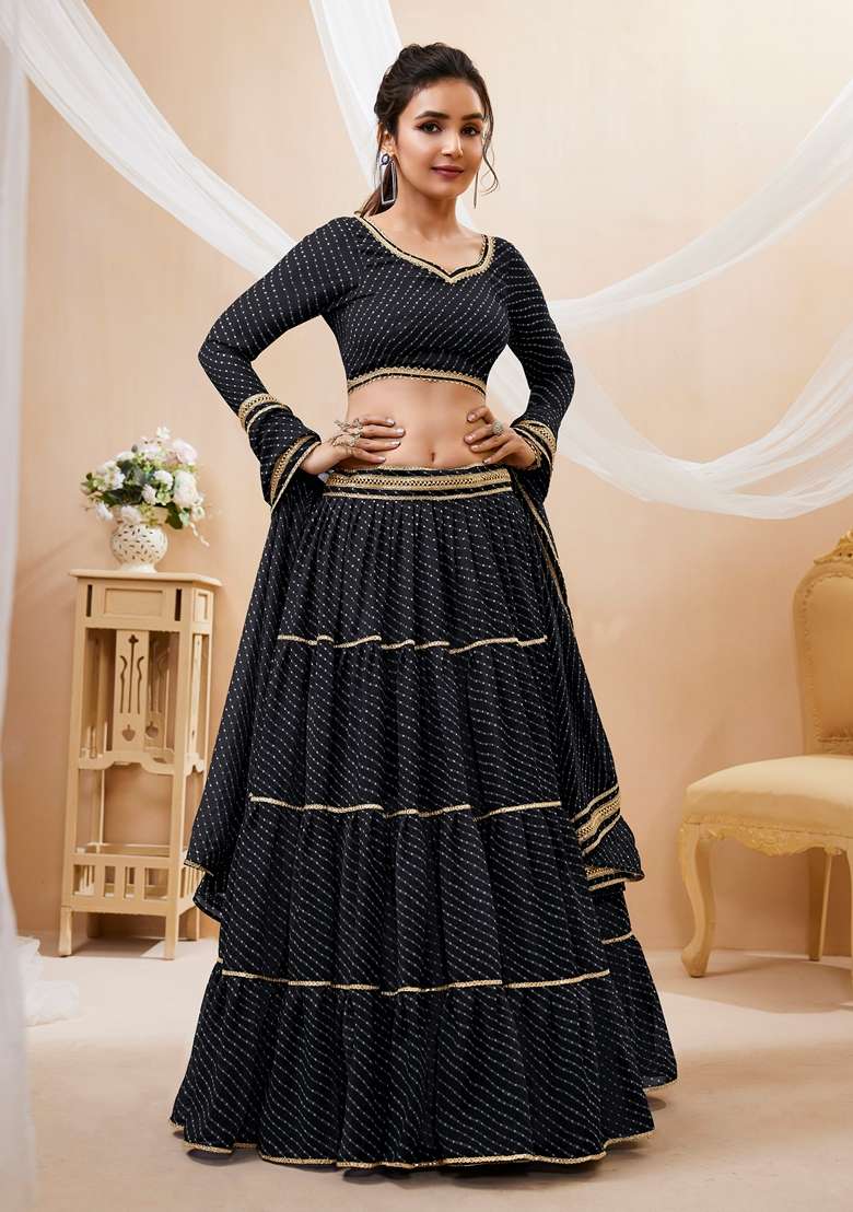 Black Embroidered Georgette Chaniya Choli Set For Navratri And Garba for Diwali | Wedding & Festive Wear - Indya