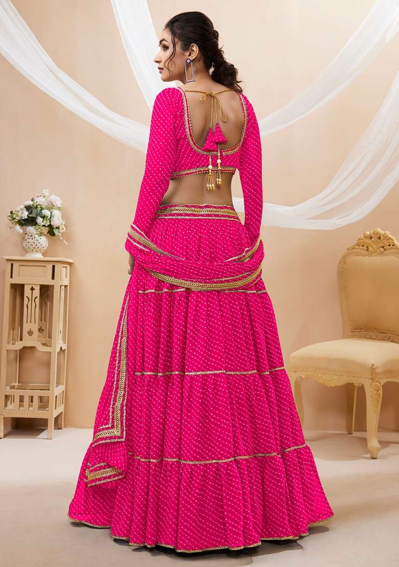Pink Embroidered Georgette Chaniya Choli Set For Navratri And Garba for Diwali | Wedding & Festive Wear - Indya