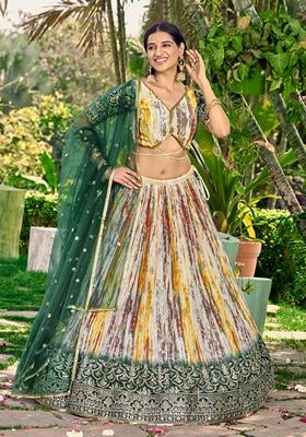 Green Embroidered Chinon Lehenga Set