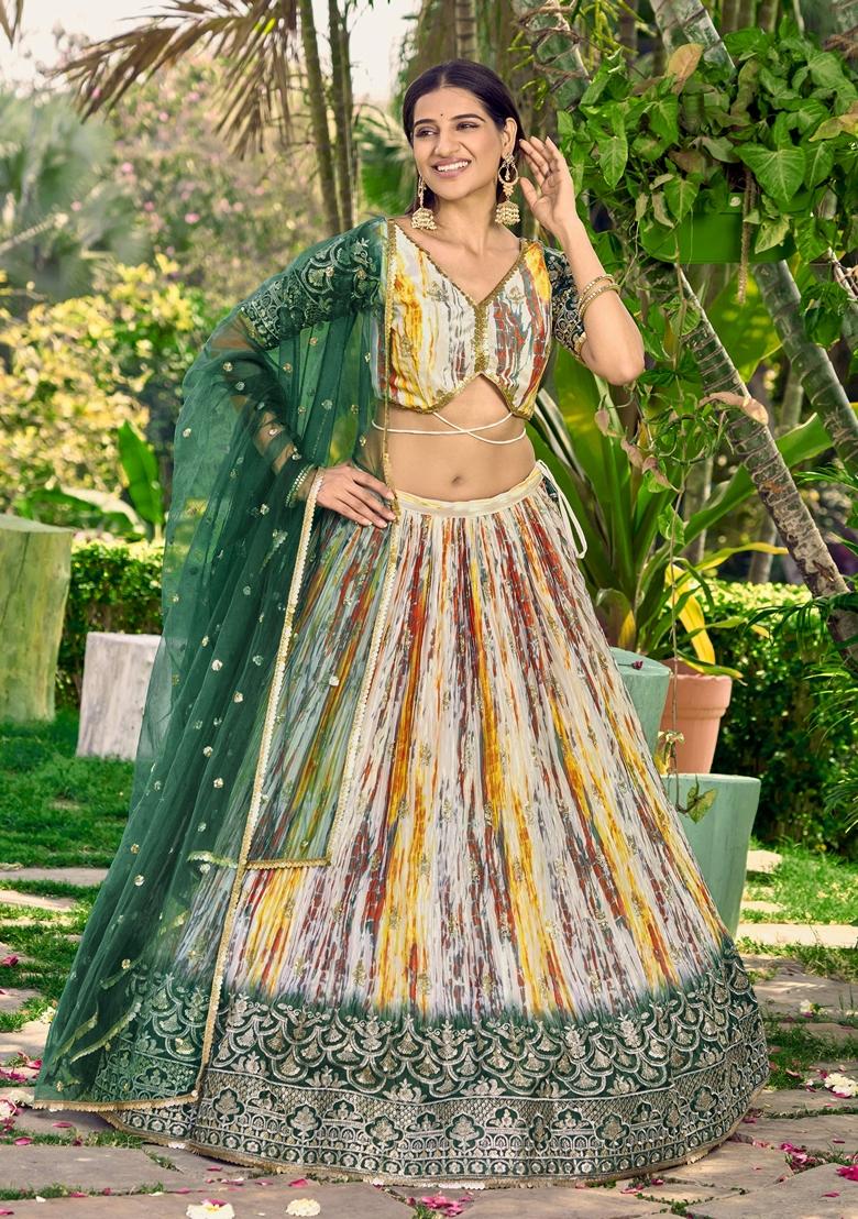 Green Embroidered Chinon Lehenga Set