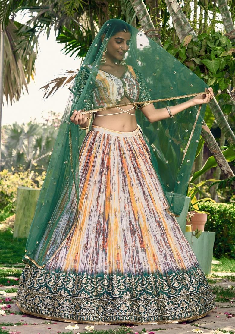 Green Embroidered Chinon Lehenga Set