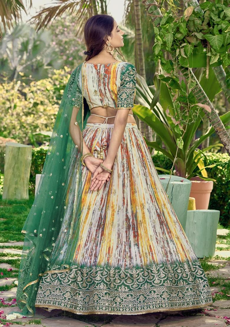 Green Embroidered Chinon Lehenga Set