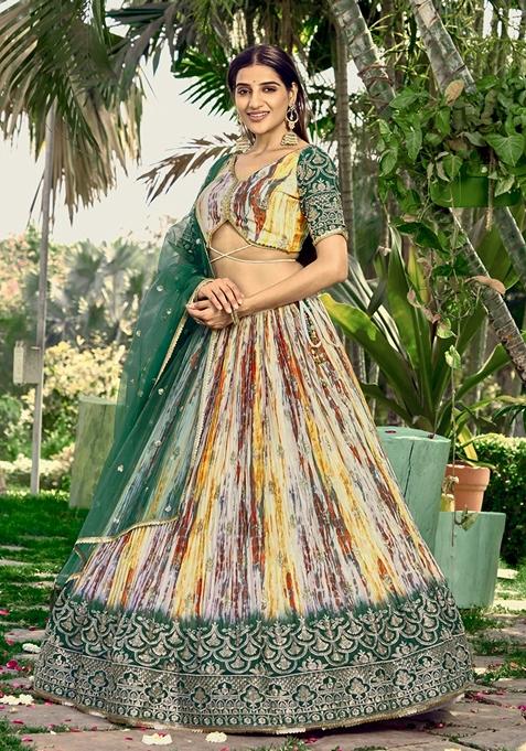 Green Embroidered Chinon Lehenga Set