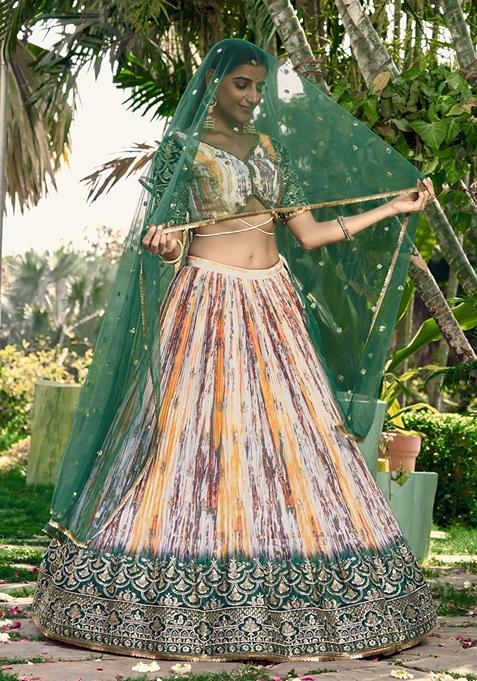Green Embroidered Chinon Lehenga Set