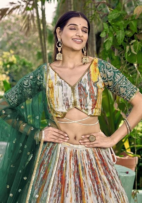 Green Embroidered Chinon Lehenga Set