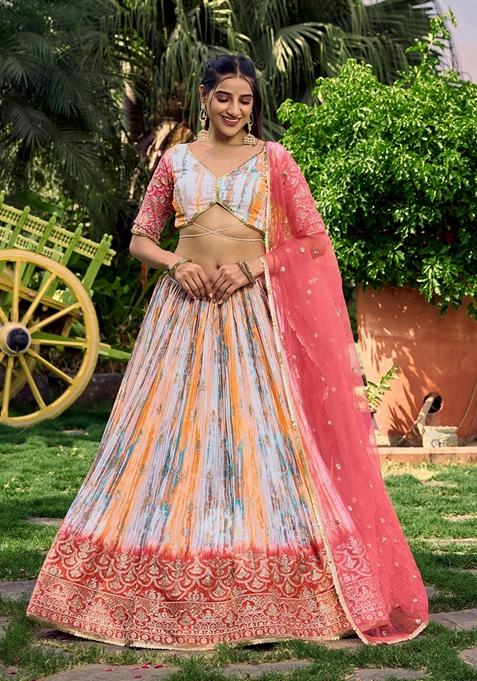 Pink Embroidered Chinon Lehenga Set