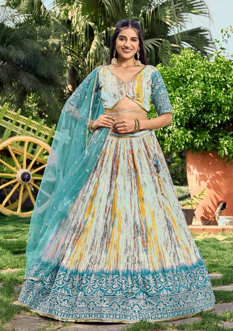 Rama Blue Embroidered Chinon Lehenga Set - Indya