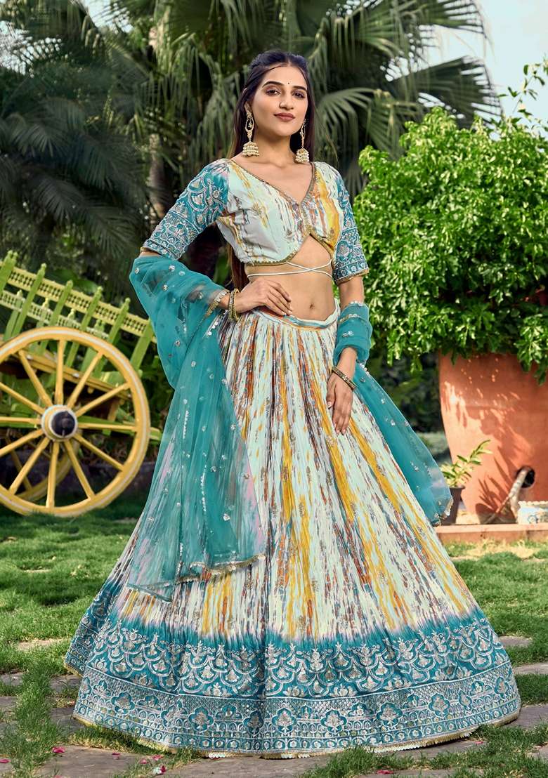 Rama Blue Embroidered Chinon Lehenga Set - Indya