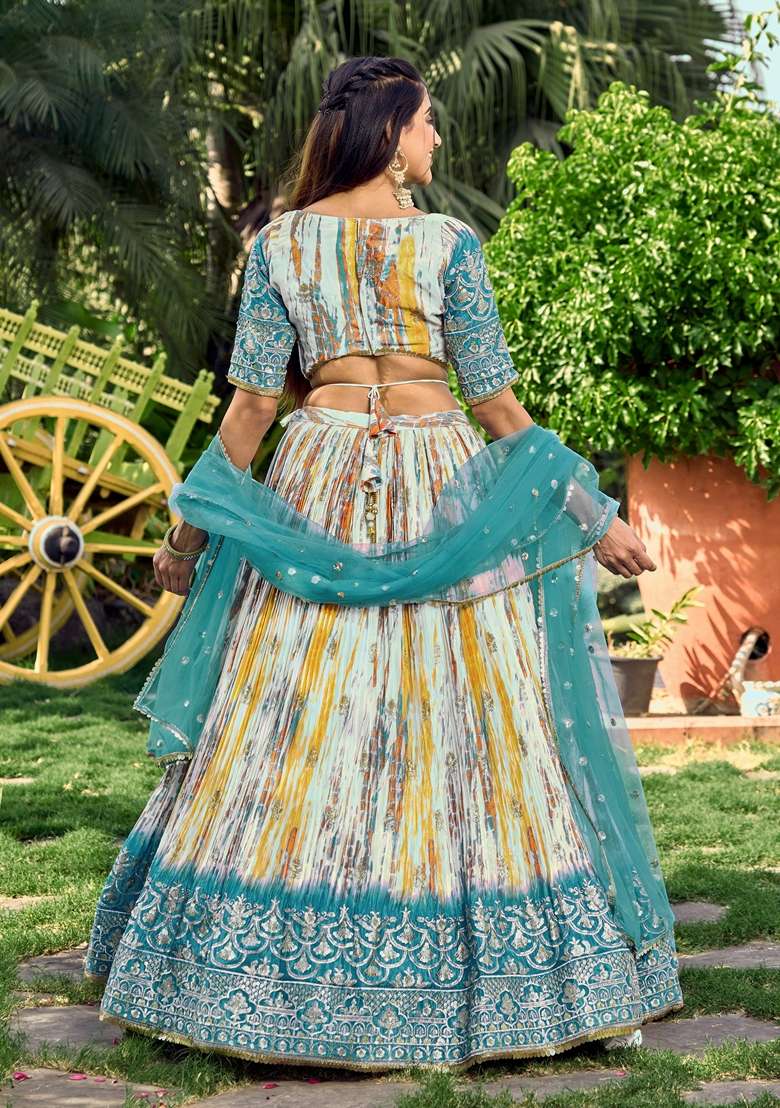 Rama Blue Embroidered Chinon Lehenga Set - Indya