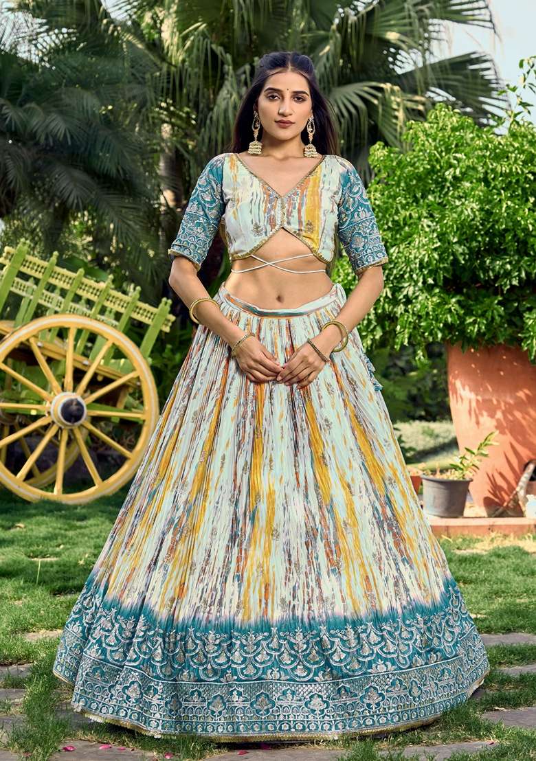 Rama Blue Embroidered Chinon Lehenga Set - Indya