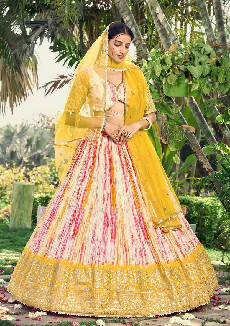 Yellow Embroidered Chinon Lehenga Set - Indya