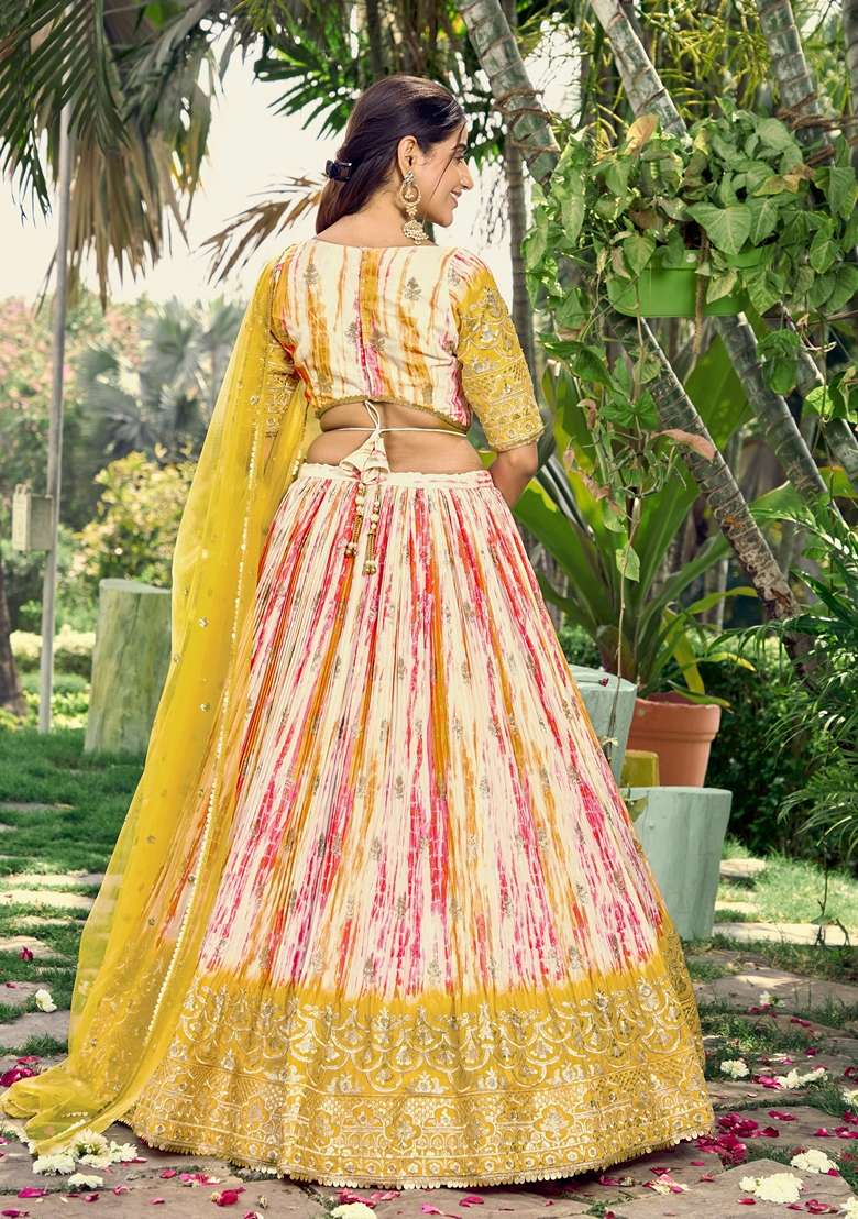 Yellow Embroidered Chinon Lehenga Set - Indya