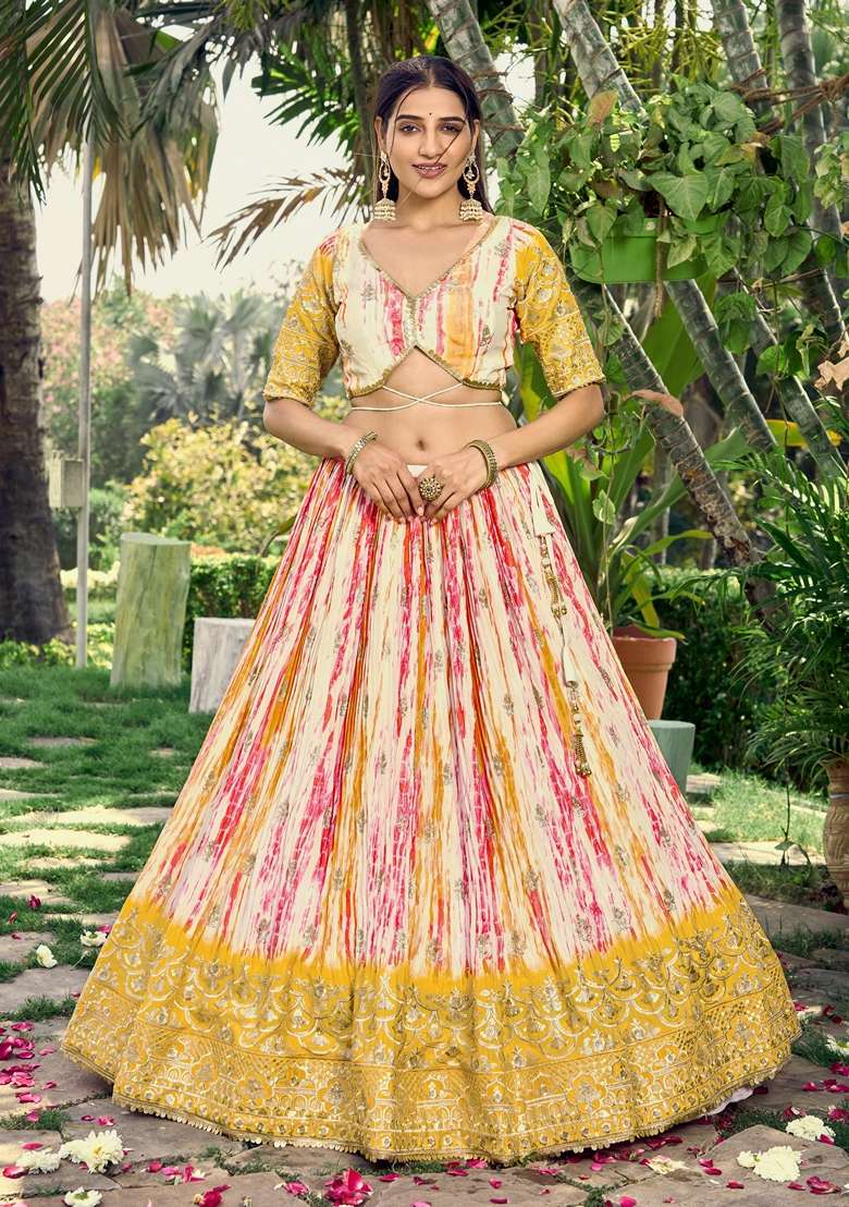 Yellow Embroidered Chinon Lehenga Set - Indya