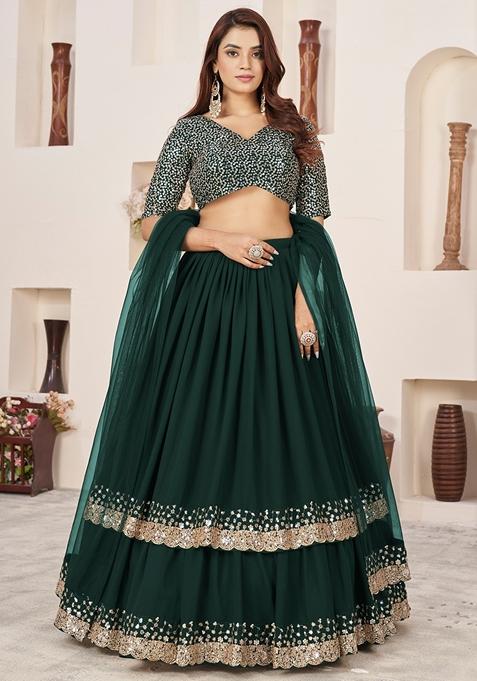 Green Embroidered Georgette Lehenga Set