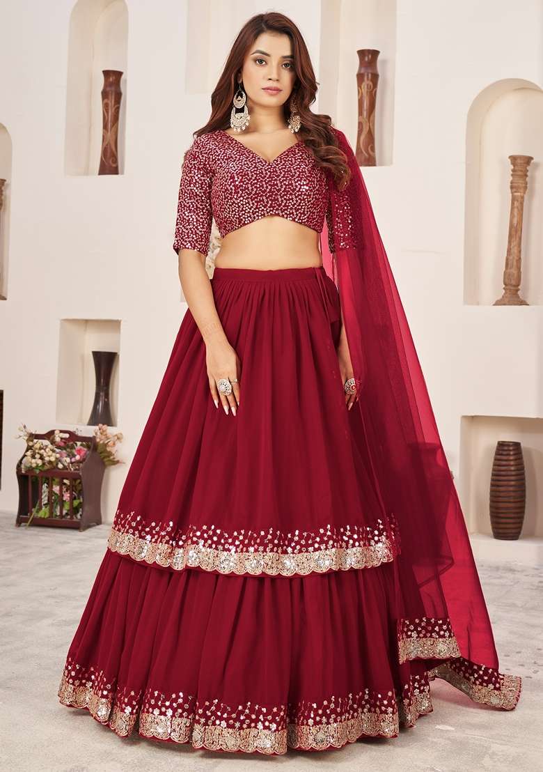 Red Embroidered Georgette Lehenga Set for Diwali and Festive Wear - Indya