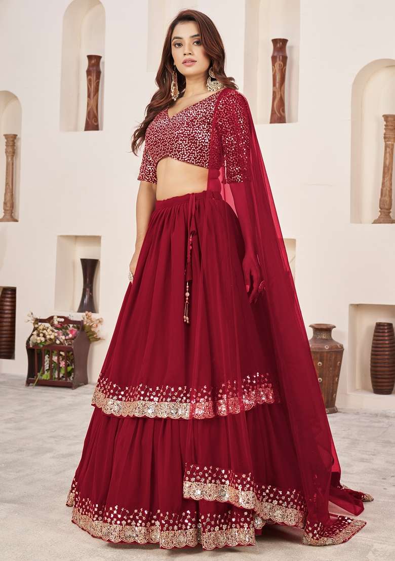 Red Embroidered Georgette Lehenga Set for Diwali and Festive Wear - Indya