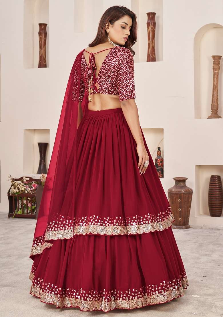 Red Embroidered Georgette Lehenga Set for Diwali and Festive Wear - Indya