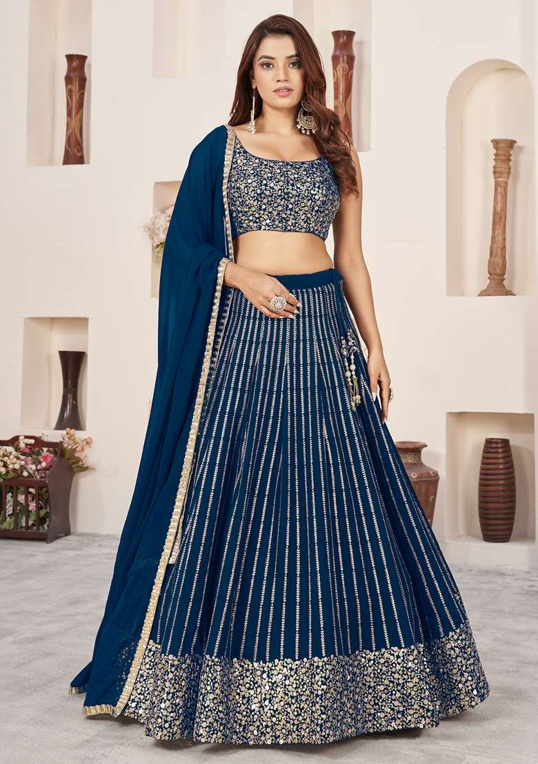 Blue Embroidered Georgette Lehenga Set for Diwali and Festive Wear - Indya