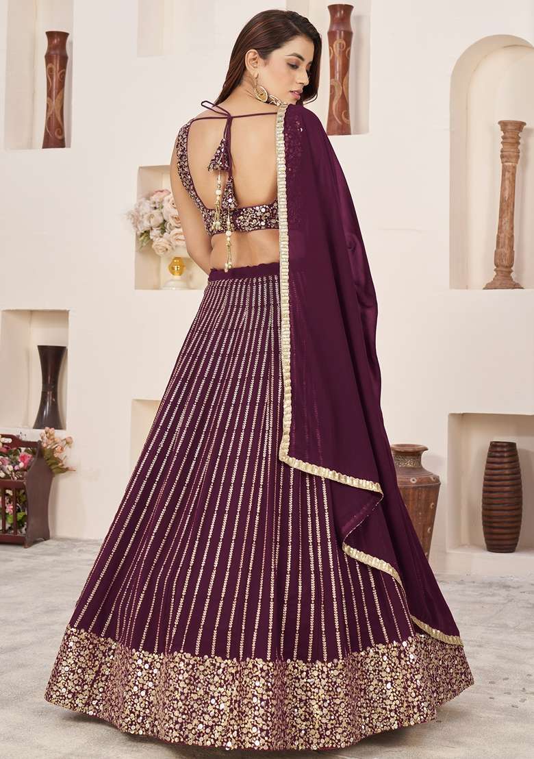 Wine Embroidered Georgette Lehenga Set for Diwali and Festive Wear - Indya
