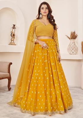 Yellow Embroidered Georgette Lehenga Set