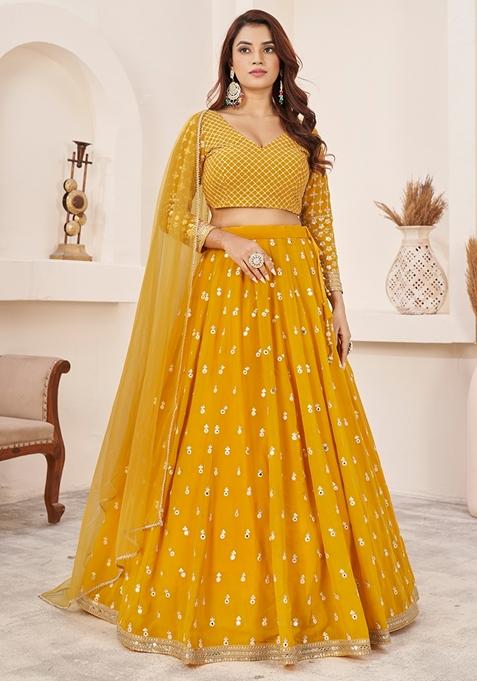 Yellow Embroidered Georgette Lehenga Set