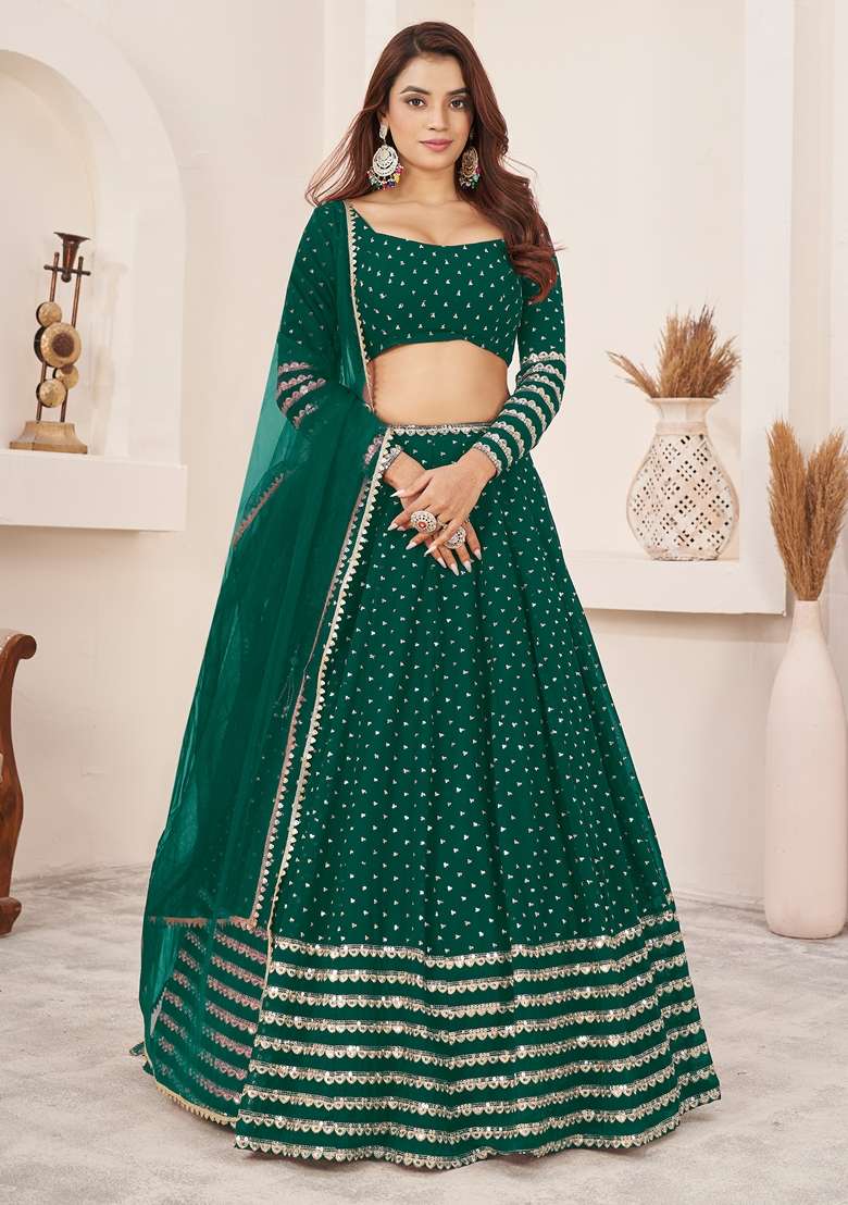 Teal Blue Georgette Lehenga Set with Embroidered for Diwali | Wedding & Festive Wear - Indya