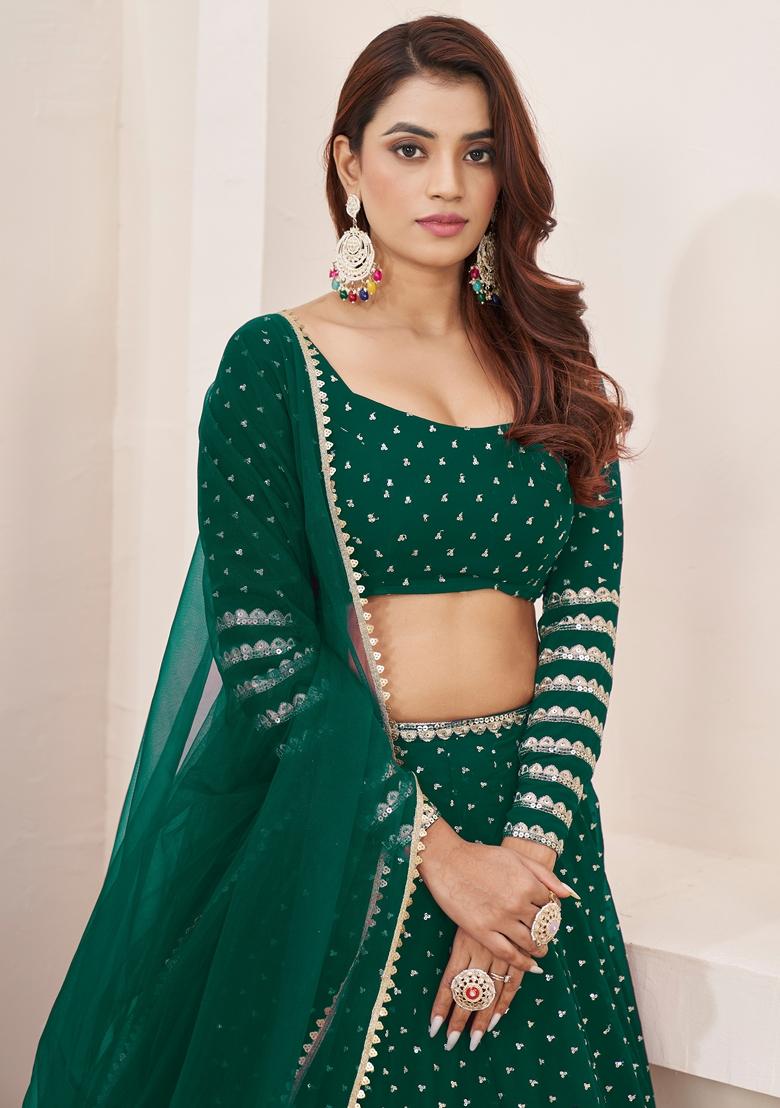 Teal Blue Embroidered Georgette Lehenga Set