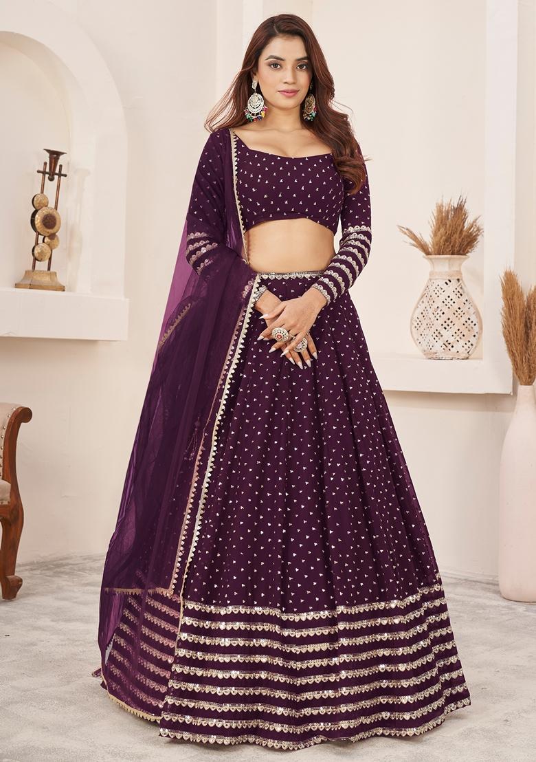 Wine Embroidered Georgette Lehenga Set