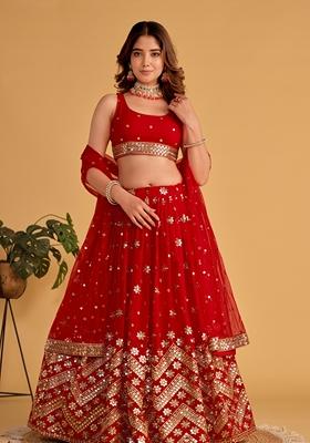 Red Embroidered Georgette Lehenga Set