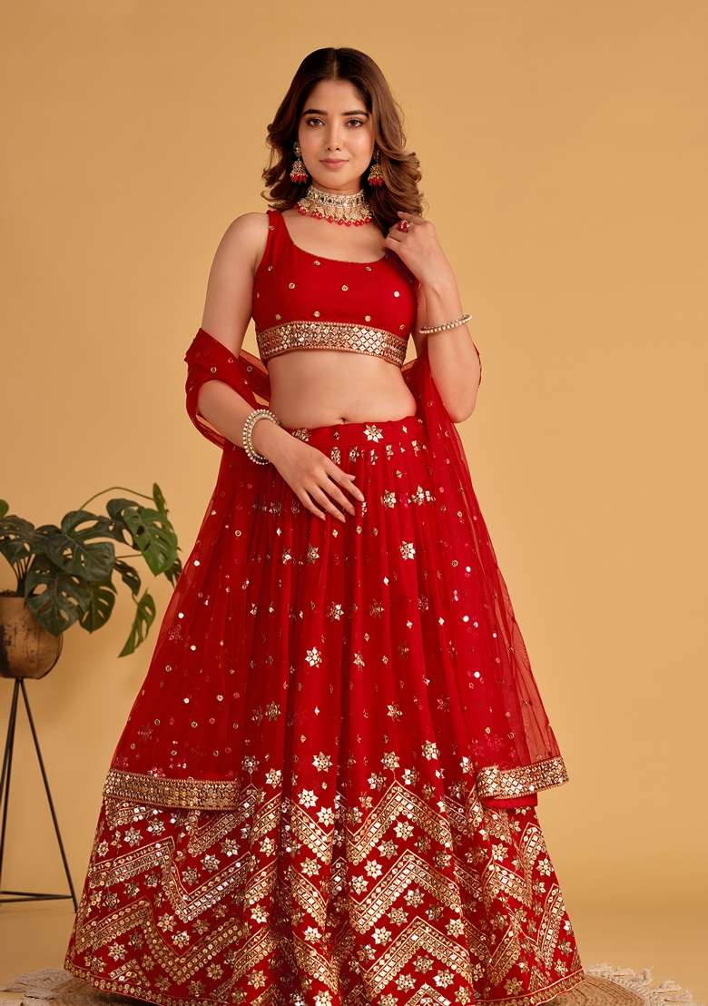 Red Georgette Lehenga Set with Embroidered for Diwali | Wedding & Festive Wear - Indya