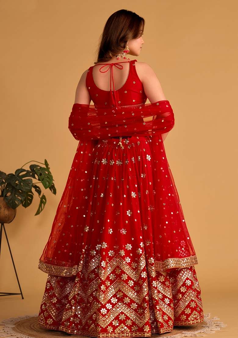 Red Georgette Lehenga Set with Embroidered for Diwali | Wedding & Festive Wear - Indya