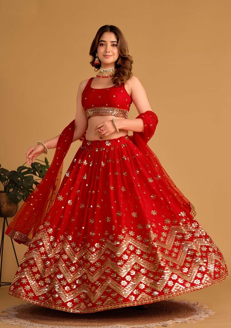 Red Georgette Lehenga Set with Embroidered for Diwali | Wedding & Festive Wear - Indya