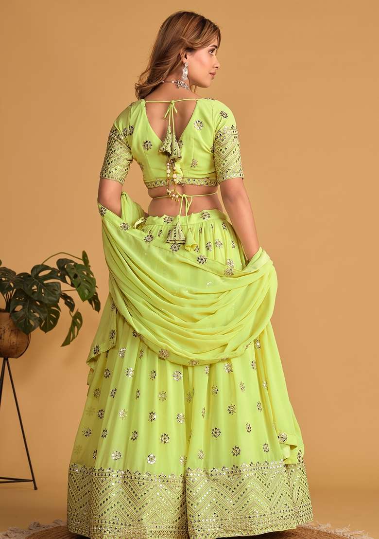 Neon Green Embroidered Georgette Lehenga Set for Diwali and Festive Wear - Indya