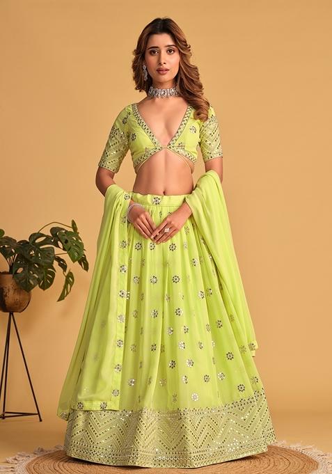 Neon Green Embroidered Georgette Lehenga Set