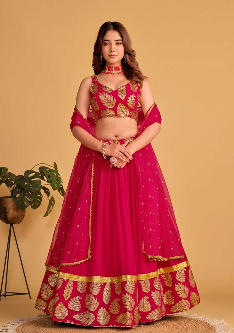 Pink Embroidered Georgette Lehenga Set for Diwali and Festive Wear - Indya