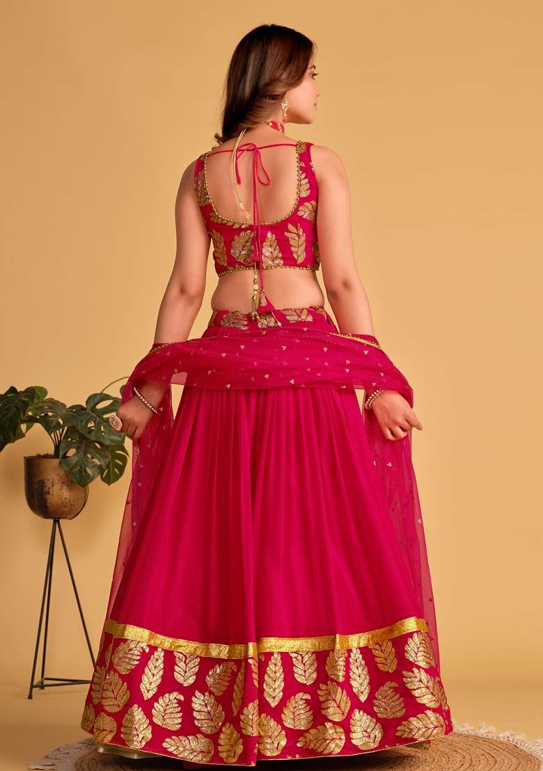 Pink Embroidered Georgette Lehenga Set for Diwali and Festive Wear - Indya
