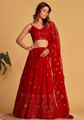 Red Embroidered Georgette Lehenga Set