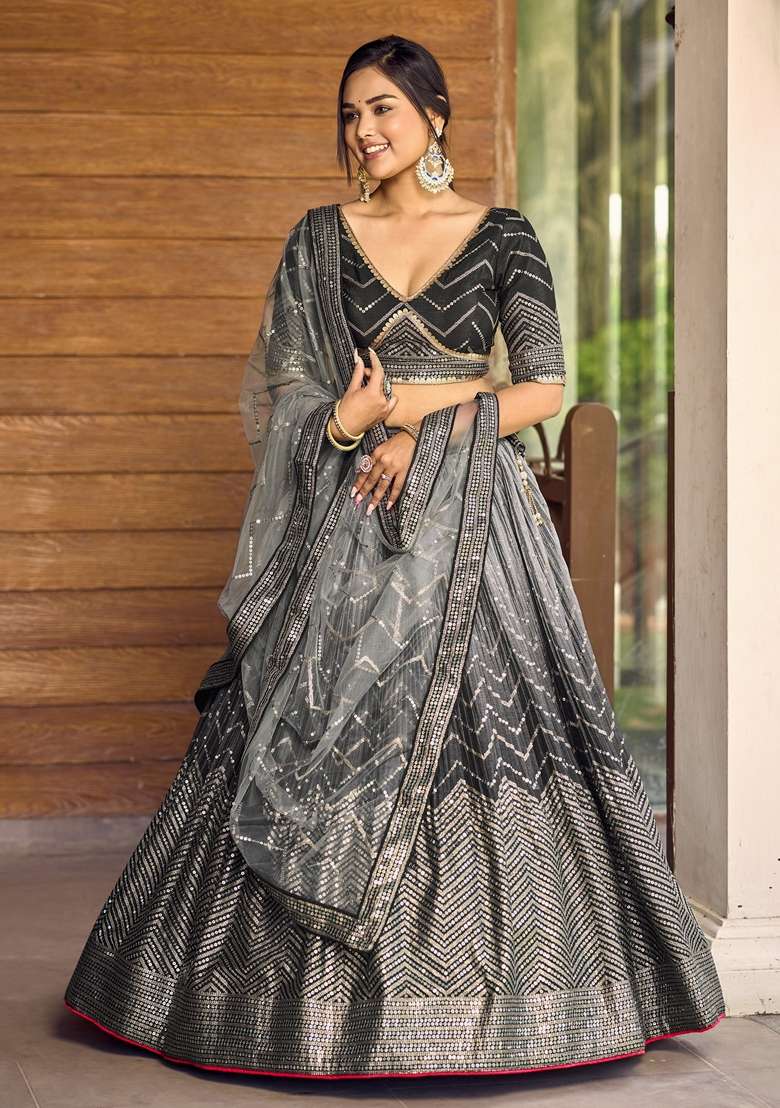 Black Chinon Lehenga Set with Embroidered for Diwali | Wedding & Festive Wear - Indya