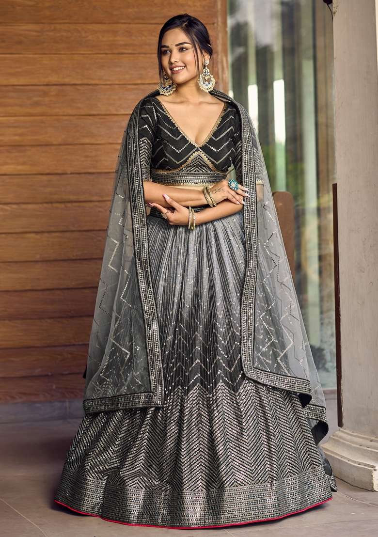 Black Chinon Lehenga Set with Embroidered for Diwali | Wedding & Festive Wear - Indya
