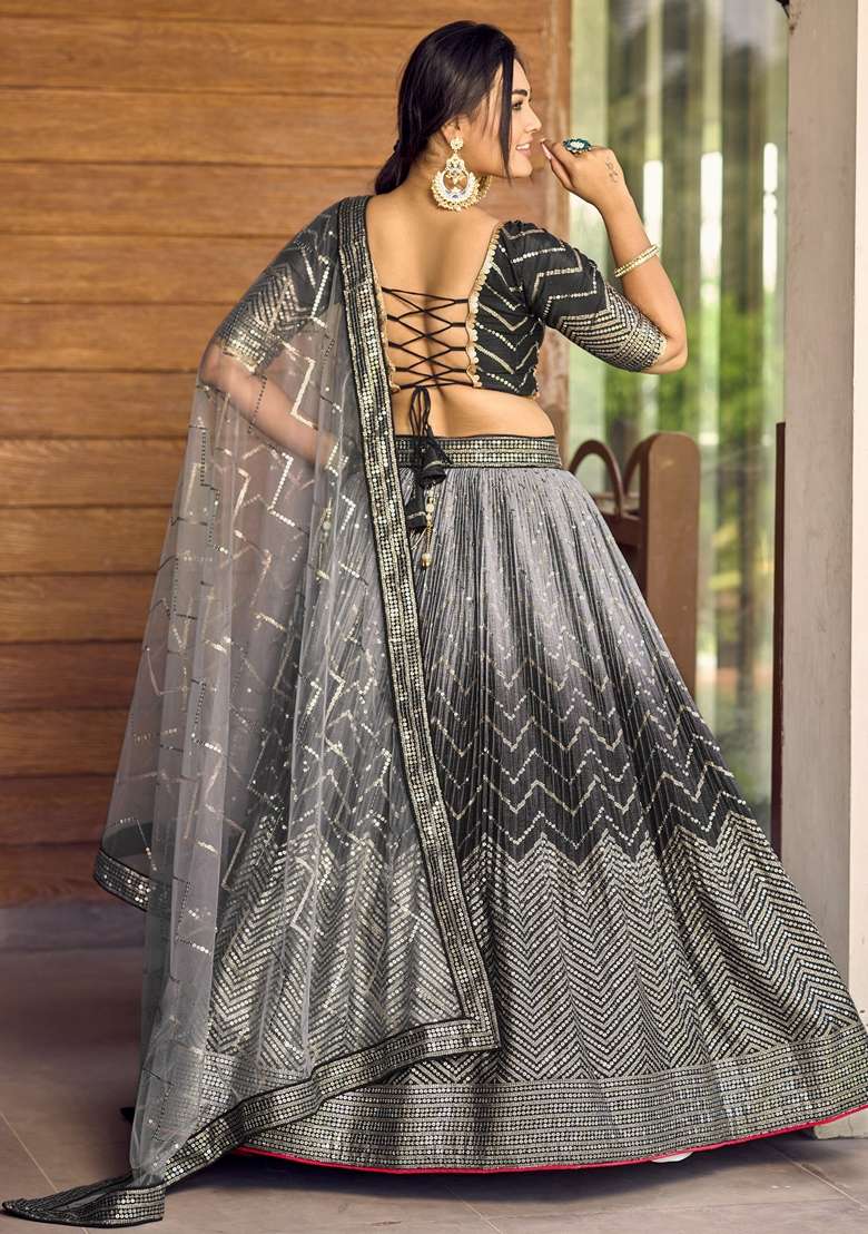 Black Chinon Lehenga Set with Embroidered for Diwali | Wedding & Festive Wear - Indya