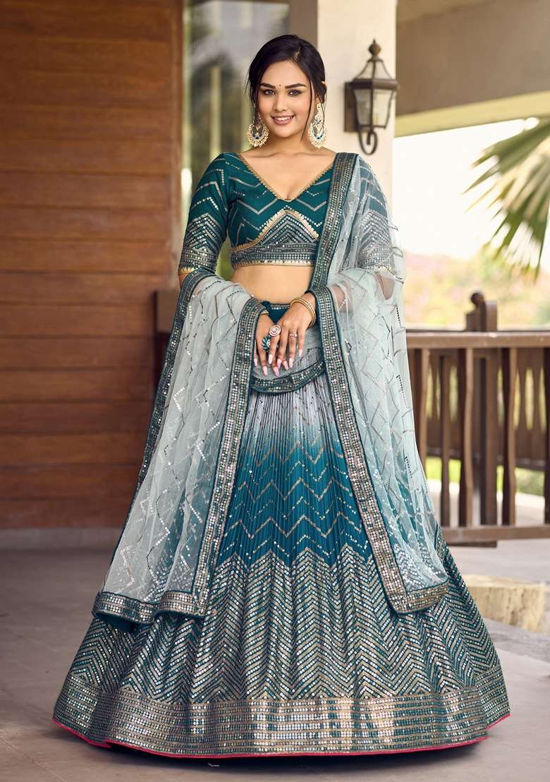 Blue Chinon Lehenga Set with Embroidered for Diwali | Wedding & Festive Wear - Indya