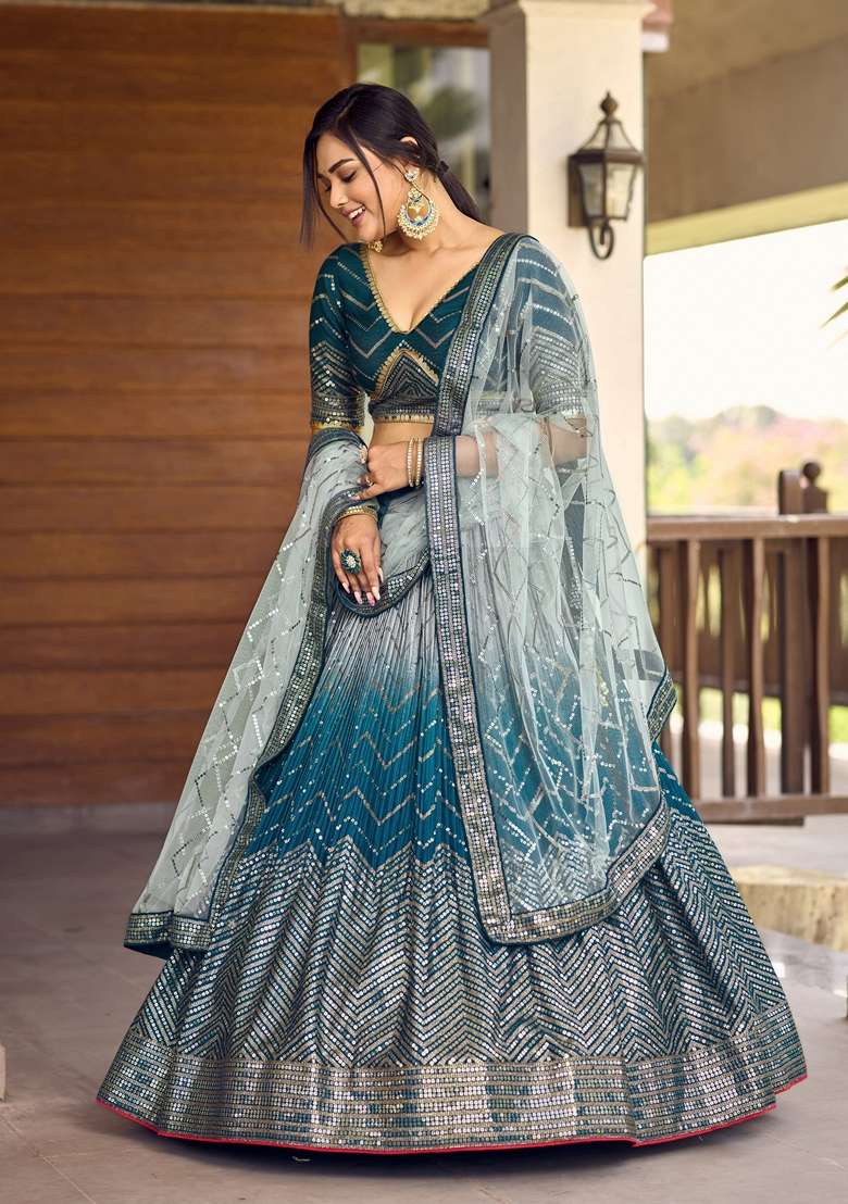 Blue Chinon Lehenga Set with Embroidered for Diwali | Wedding & Festive Wear - Indya