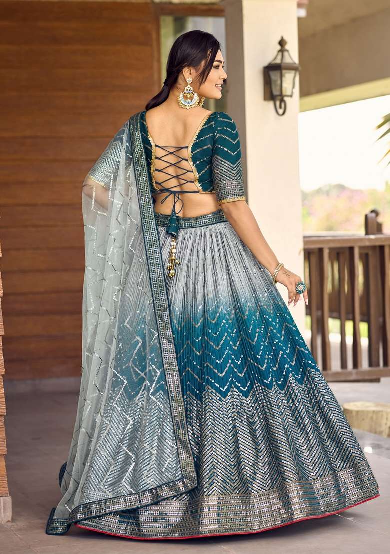 Blue Chinon Lehenga Set with Embroidered for Diwali | Wedding & Festive Wear - Indya