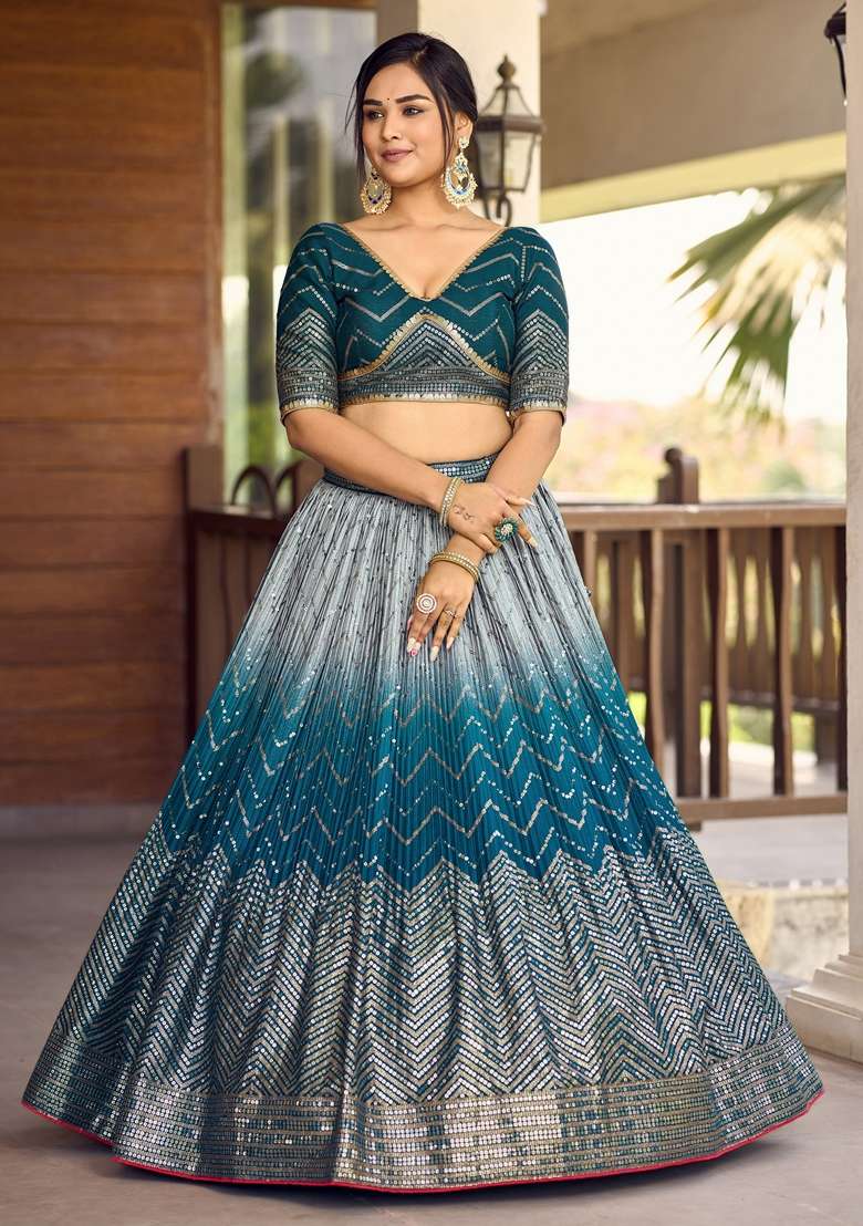 Blue Chinon Lehenga Set with Embroidered for Diwali | Wedding & Festive Wear - Indya