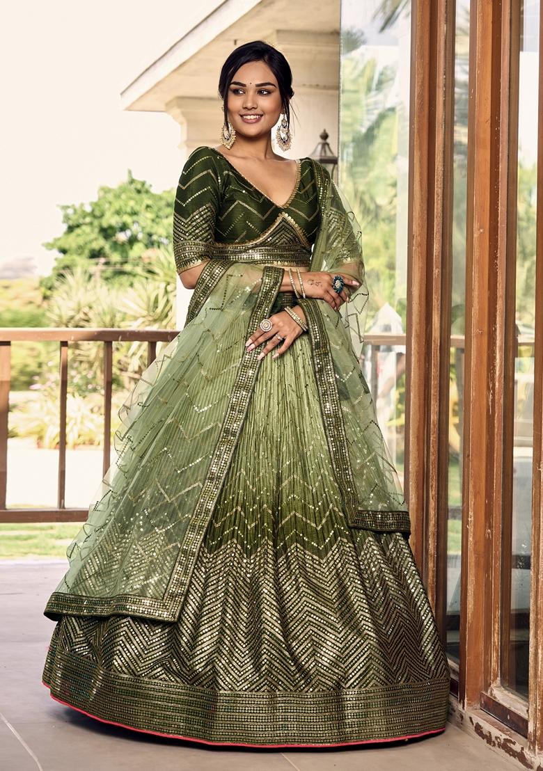 Green Embroidered Chinon Lehenga Set