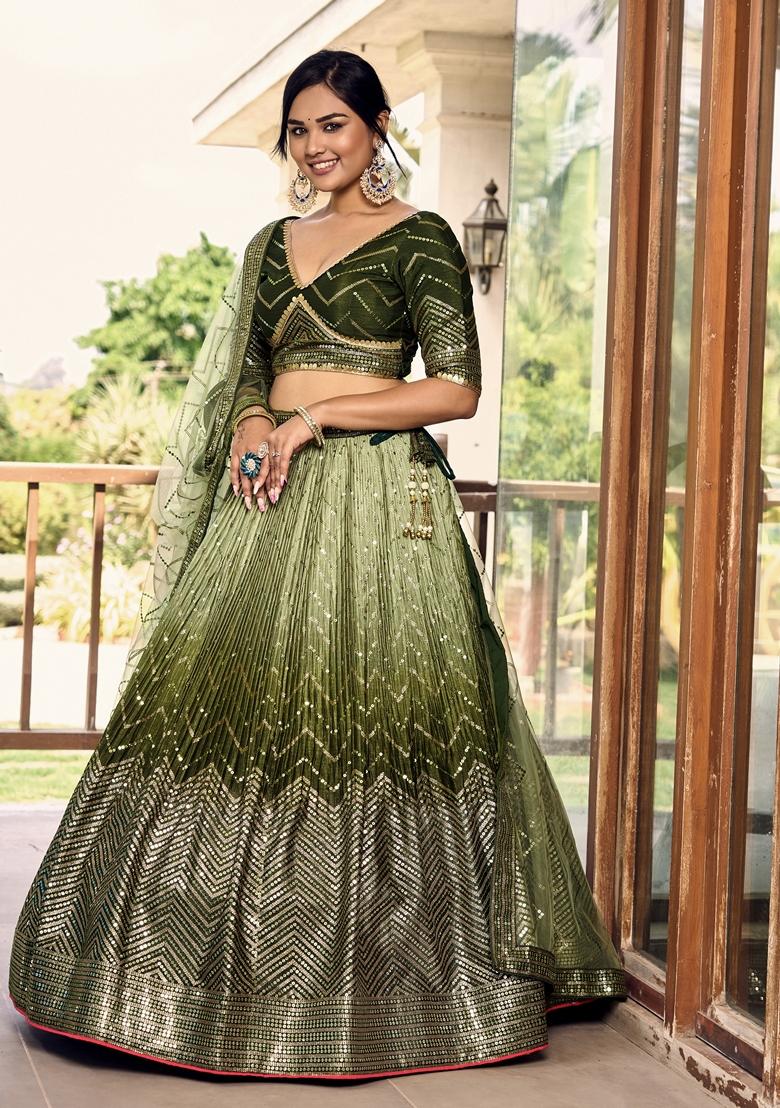 Green Embroidered Chinon Lehenga Set