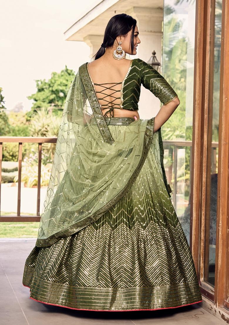 Green Embroidered Chinon Lehenga Set