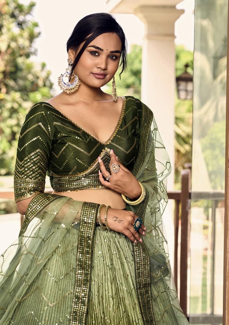 Green Embroidered Chinon Lehenga Set
